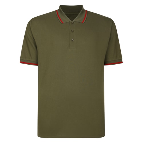 Flat front view of dark khaki polo shirt with tipped collar.